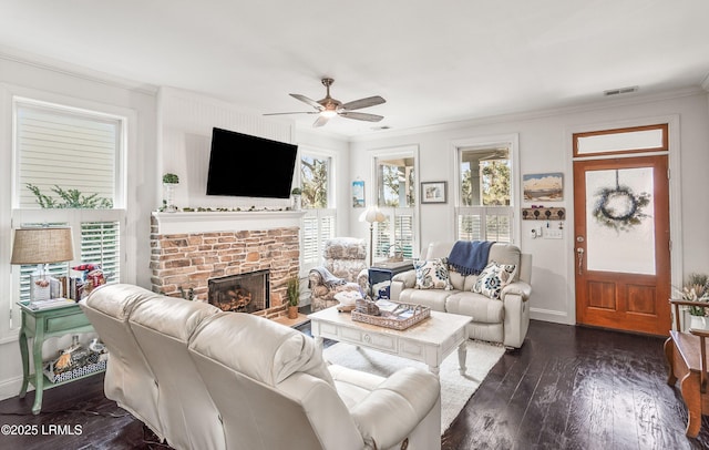 104 Grande Oaks, Beaufort, SC 29906 - living room with dark hardwood / wood-style flooring, ornamental molding, and ceiling fan
