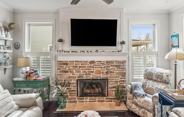 104 Grande Oaks, Beaufort, SC 29906 - living room featuring crown molding, a fireplace, and hardwood / wood-style floors