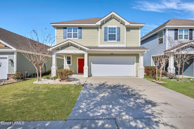 view of front of home featuring a front lawn, a garage, driveway, and roof with shingles