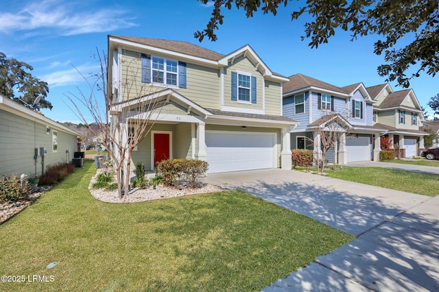 view of front of home featuring a front lawn, a residential view, concrete driveway, cooling unit, and a garage