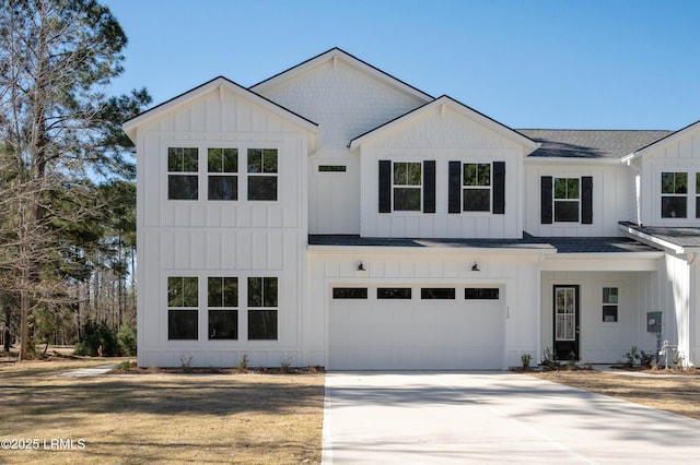 modern inspired farmhouse featuring board and batten siding, roof with shingles, driveway, and an attached garage