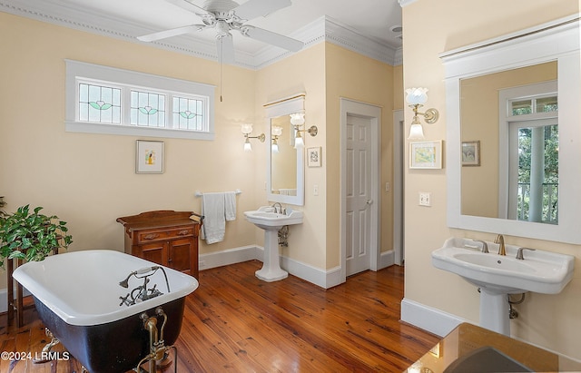 bathroom with ornamental molding, a soaking tub, wood finished floors, and a wealth of natural light