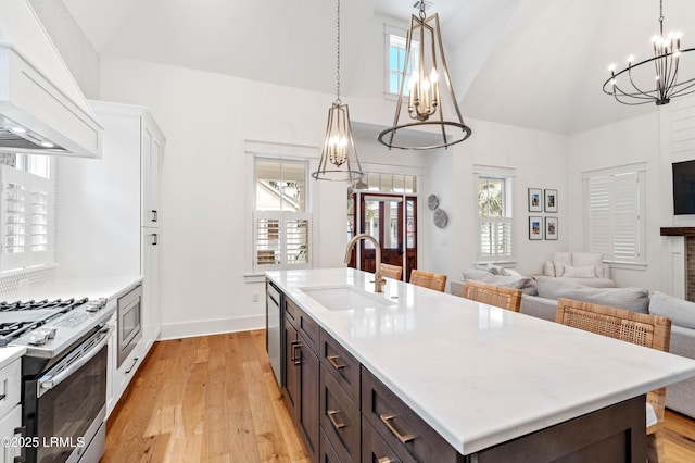 kitchen with premium range hood, sink, an inviting chandelier, dark brown cabinets, and stainless steel appliances