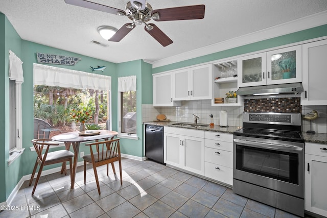 kitchen featuring stainless steel range with electric cooktop, under cabinet range hood, backsplash, dishwasher, and visible vents