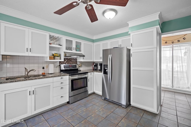 kitchen with white cabinets, under cabinet range hood, stainless steel appliances, and a sink
