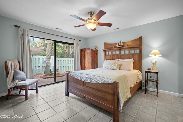 bedroom with a ceiling fan, baseboards, access to outside, and visible vents