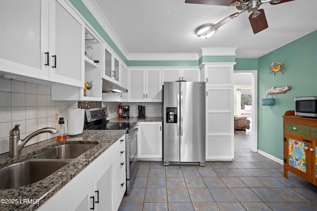 kitchen featuring white cabinetry, a ceiling fan, open shelves, under cabinet range hood, and appliances with stainless steel finishes