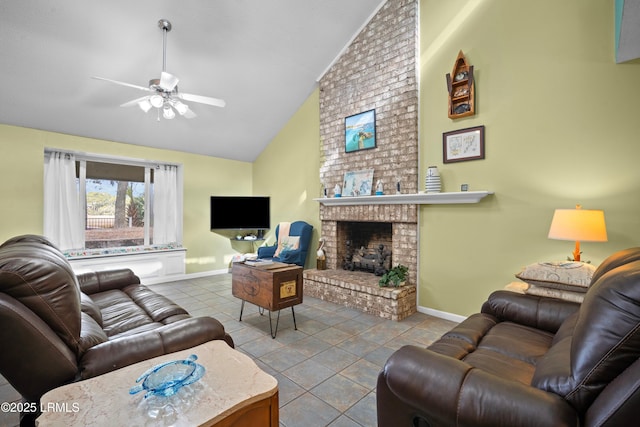 tiled living room with lofted ceiling, a ceiling fan, baseboards, and a fireplace