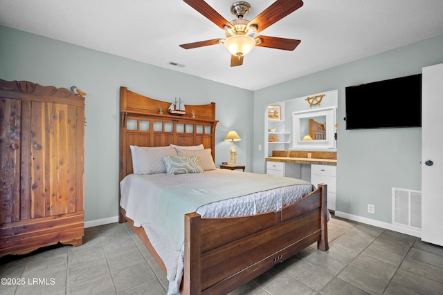 tiled bedroom featuring visible vents, a ceiling fan, and baseboards