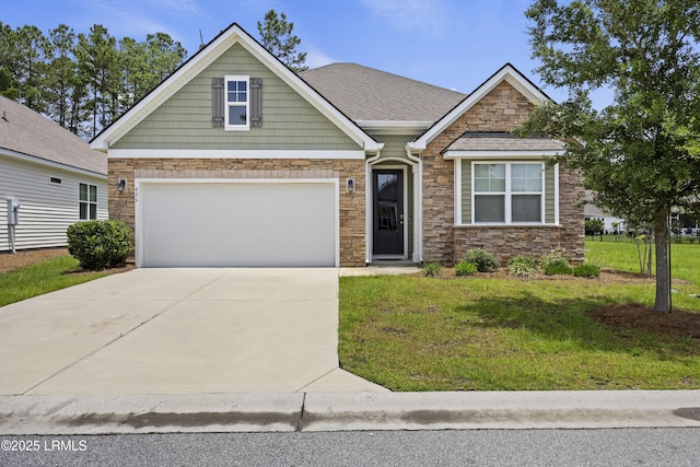 406 Rye Creek Cir, Bluffton, SC 29909 - craftsman-style house with stone siding, driveway, a front lawn, and a garage