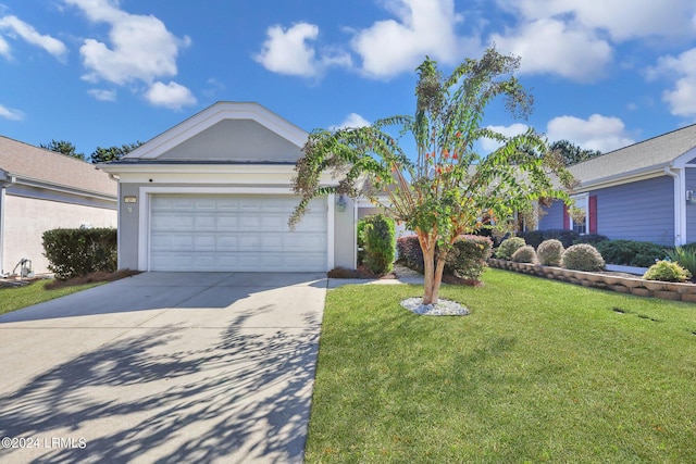 ranch-style home with a garage and a front lawn