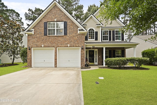 249 Hitching Post Cres, Bluffton, SC 29910 - traditional home with concrete driveway, an attached garage, a front yard, and brick siding