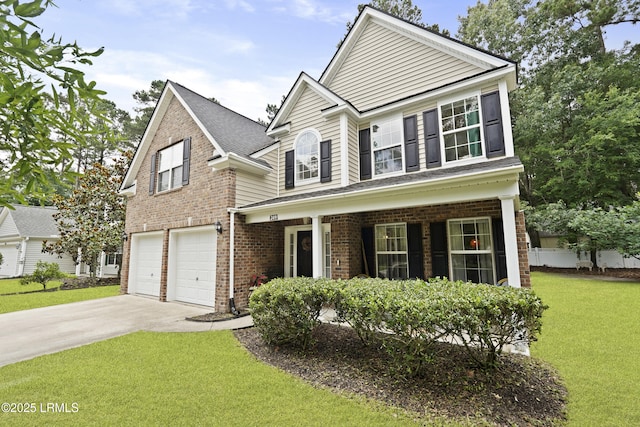 249 Hitching Post Cres, Bluffton, SC 29910 - traditional-style house featuring concrete driveway, a front yard, a porch, brick siding, and a garage