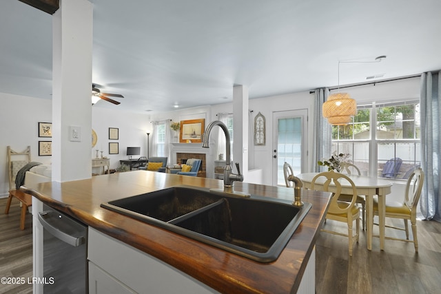 249 Hitching Post Cres, Bluffton, SC 29910 - kitchen featuring open floor plan, a sink, dark wood-type flooring, and a fireplace