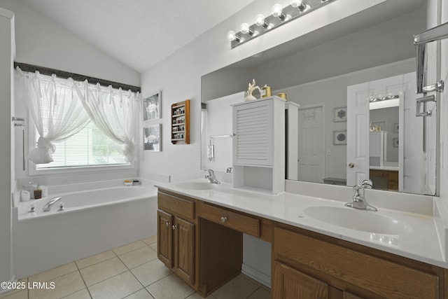 249 Hitching Post Cres, Bluffton, SC 29910 - bathroom with tile patterned floors, lofted ceiling, double vanity, and a bath