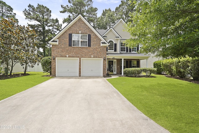 249 Hitching Post Cres, Bluffton, SC 29910 - traditional-style home featuring an attached garage, driveway, a front yard, brick siding, and covered porch