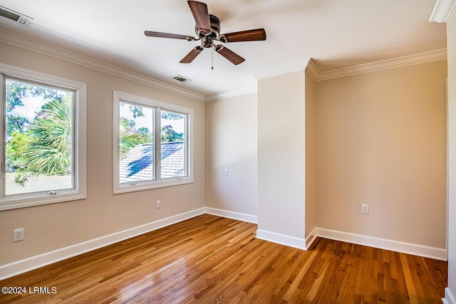 unfurnished room featuring crown molding, ceiling fan, and hardwood / wood-style floors