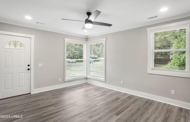 foyer with a wealth of natural light, wood-type flooring, ornamental molding, and ceiling fan