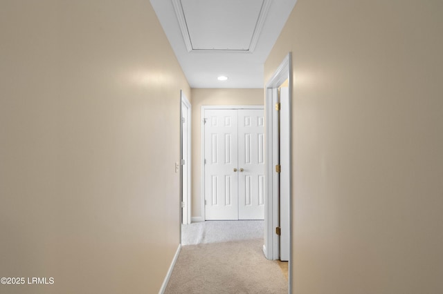 16 Maidencane St, Bluffton, SC 29910 - hallway with light colored carpet, baseboards, attic access, and recessed lighting