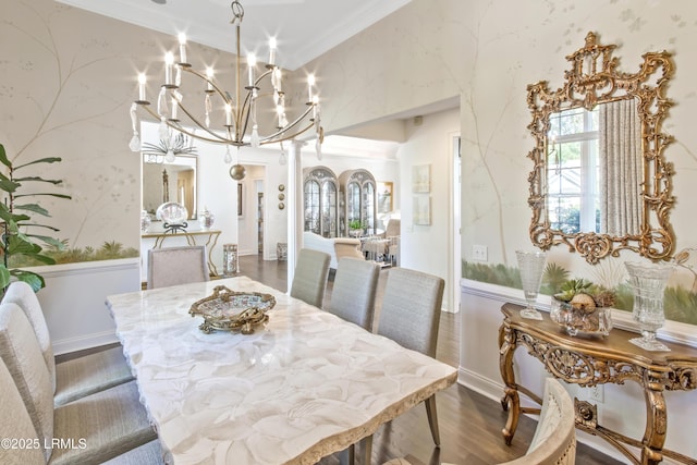 71 Peninsula Dr, Hilton Head Island, SC 29926 - dining area with wood finished floors, a chandelier, and ornamental molding