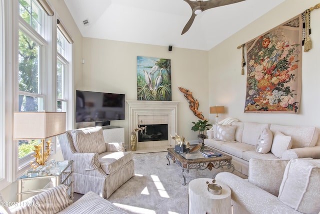 71 Peninsula Dr, Hilton Head Island, SC 29926 - living area featuring a ceiling fan, vaulted ceiling, and a tiled fireplace