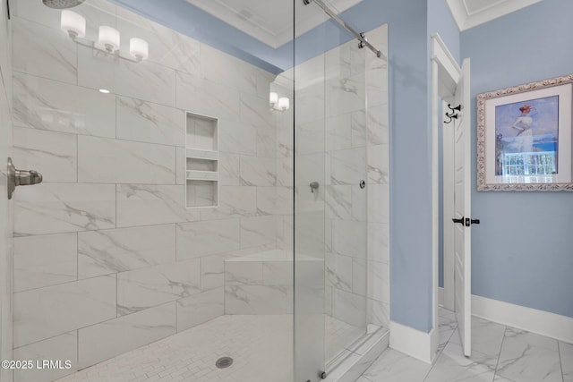 33 Paxton Cir, Bluffton, SC 29910 - bathroom with a shower stall, marble finish floor, baseboards, and crown molding