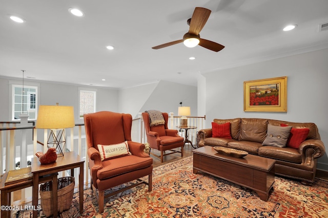 33 Paxton Cir, Bluffton, SC 29910 - living area with visible vents, ornamental molding, a ceiling fan, and recessed lighting