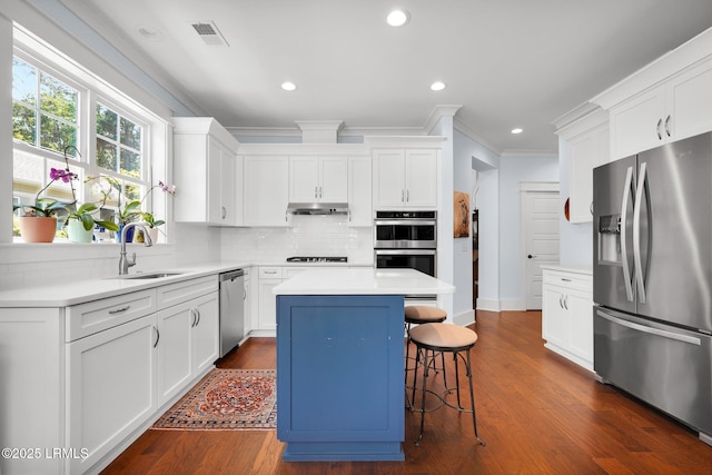 33 Paxton Cir, Bluffton, SC 29910 - kitchen with dark wood-type flooring, visible vents, a sink, stainless steel appliances, and decorative backsplash