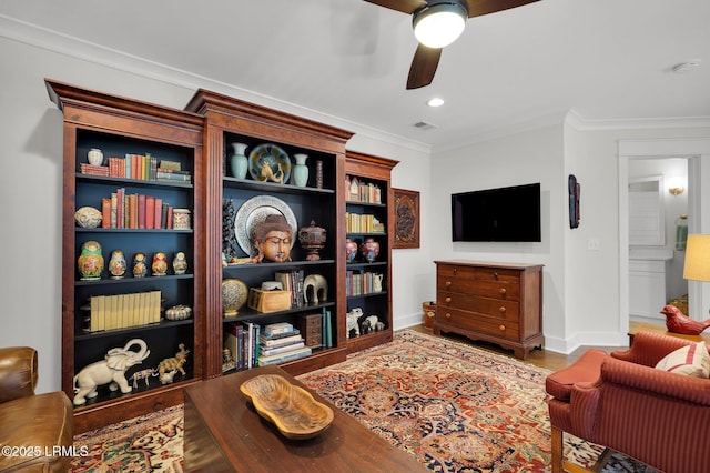 33 Paxton Cir, Bluffton, SC 29910 - living area with visible vents, baseboards, a ceiling fan, crown molding, and recessed lighting
