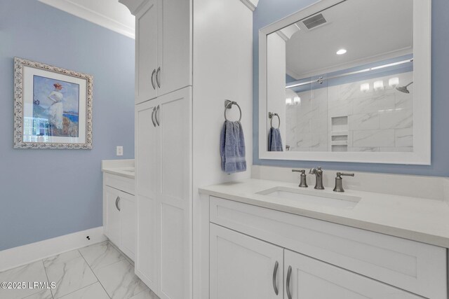 33 Paxton Cir, Bluffton, SC 29910 - full bath with visible vents, baseboards, vanity, marble finish floor, and a stall shower