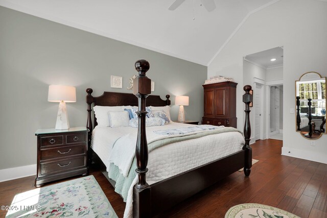 33 Paxton Cir, Bluffton, SC 29910 - bedroom with crown molding, high vaulted ceiling, dark wood-type flooring, a ceiling fan, and baseboards
