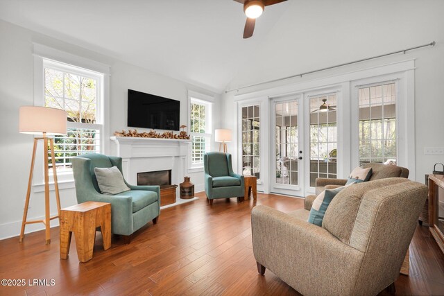 33 Paxton Cir, Bluffton, SC 29910 - living area with french doors, vaulted ceiling, wood finished floors, and ceiling fan