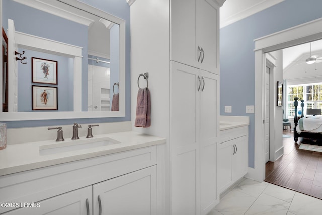 33 Paxton Cir, Bluffton, SC 29910 - bathroom with ensuite bathroom, walk in shower, a ceiling fan, vanity, and marble finish floor