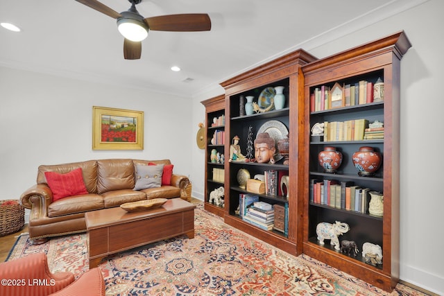 33 Paxton Cir, Bluffton, SC 29910 - living room featuring ornamental molding, ceiling fan, recessed lighting, and baseboards