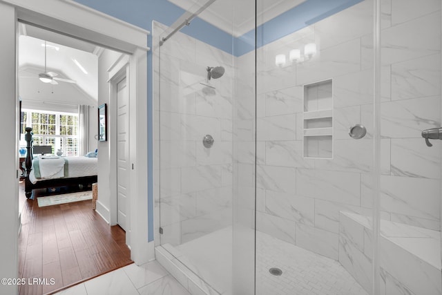 33 Paxton Cir, Bluffton, SC 29910 - ensuite bathroom with ensuite bathroom, a ceiling fan, a stall shower, and wood finished floors