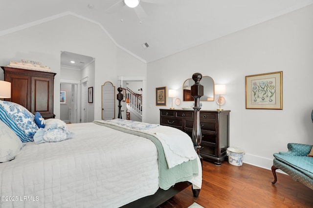 33 Paxton Cir, Bluffton, SC 29910 - bedroom featuring dark wood-type flooring, a ceiling fan, visible vents, lofted ceiling, and baseboards