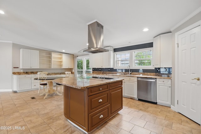 41 Able St, Bluffton, SC 29910 - kitchen featuring dishwasher, island exhaust hood, open shelves, a center island, and white cabinets