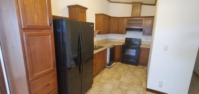 kitchen featuring light tile floors and black appliances