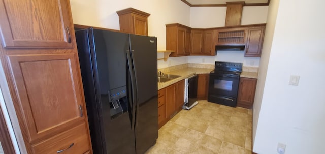 kitchen with sink, light tile floors, and black appliances