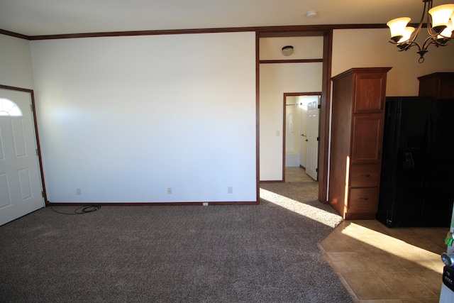 interior space featuring crown molding, an inviting chandelier, light colored carpet, and black fridge with ice dispenser