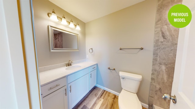 bathroom featuring vanity, wood-type flooring, and toilet