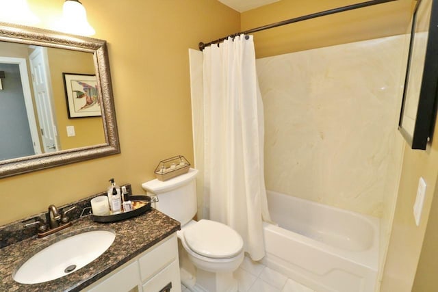 full bathroom with tile patterned flooring, vanity, toilet, and shower / bath combo with shower curtain