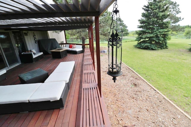 wooden deck featuring an outdoor living space, a pergola, and a lawn