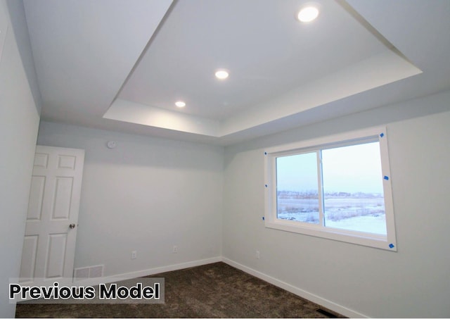 spare room featuring dark colored carpet and a raised ceiling