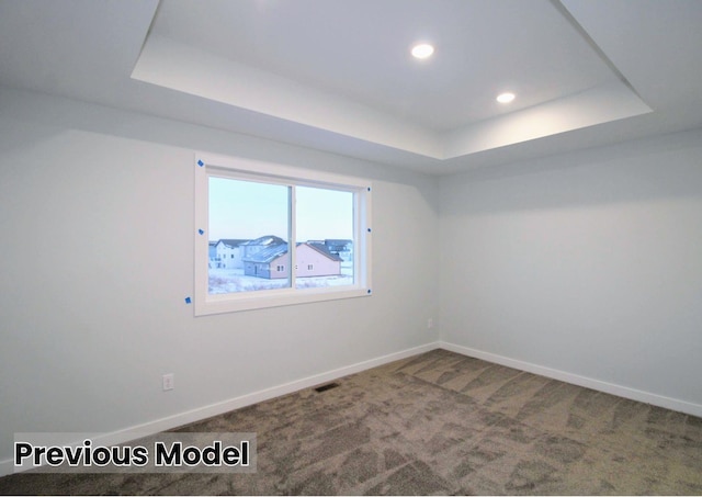 carpeted empty room with a raised ceiling