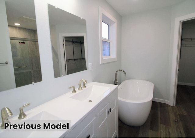 bathroom featuring vanity, plus walk in shower, and wood-type flooring