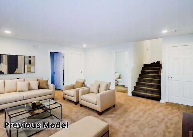 living room featuring light colored carpet