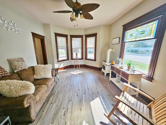 401 5th St, Rugby, ND 58368 - living area featuring a ceiling fan, baseboards, and wood finished floors