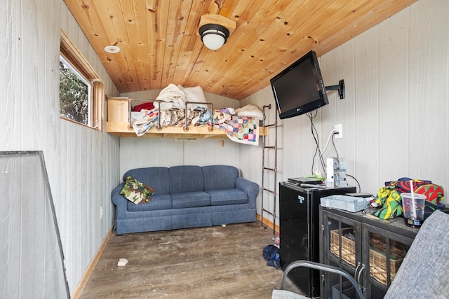 interior space with vaulted ceiling, wooden ceiling, and wood-type flooring