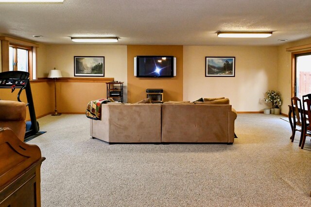 living area with carpet flooring, a textured ceiling, and baseboards